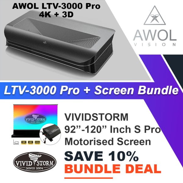 AWOL Vision LTV-3000 Pro 4K 3D Triple Laser Projector + VIVIDSTORM S Pro 92''-120'' Rollable CLR/ALR Projector Screen Bundle Deal