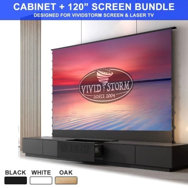 VIVIDSTORM Motorised Laser TV Cabinet Monte Carlo + Floor Rising S Pro Screen Bundle Deal