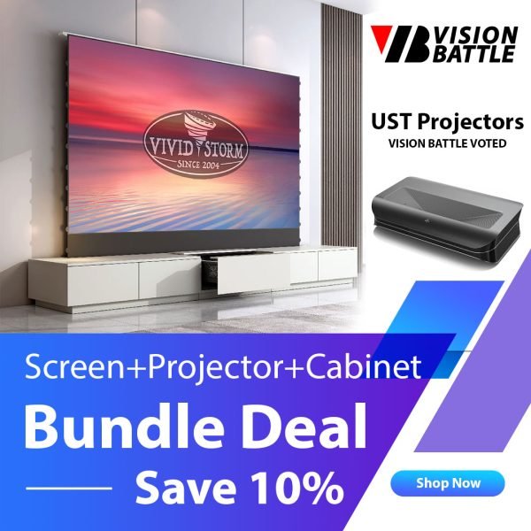 4K UST Projector + VIVIDSTORM S Pro Screen + Cabinet Super Bundle Deal