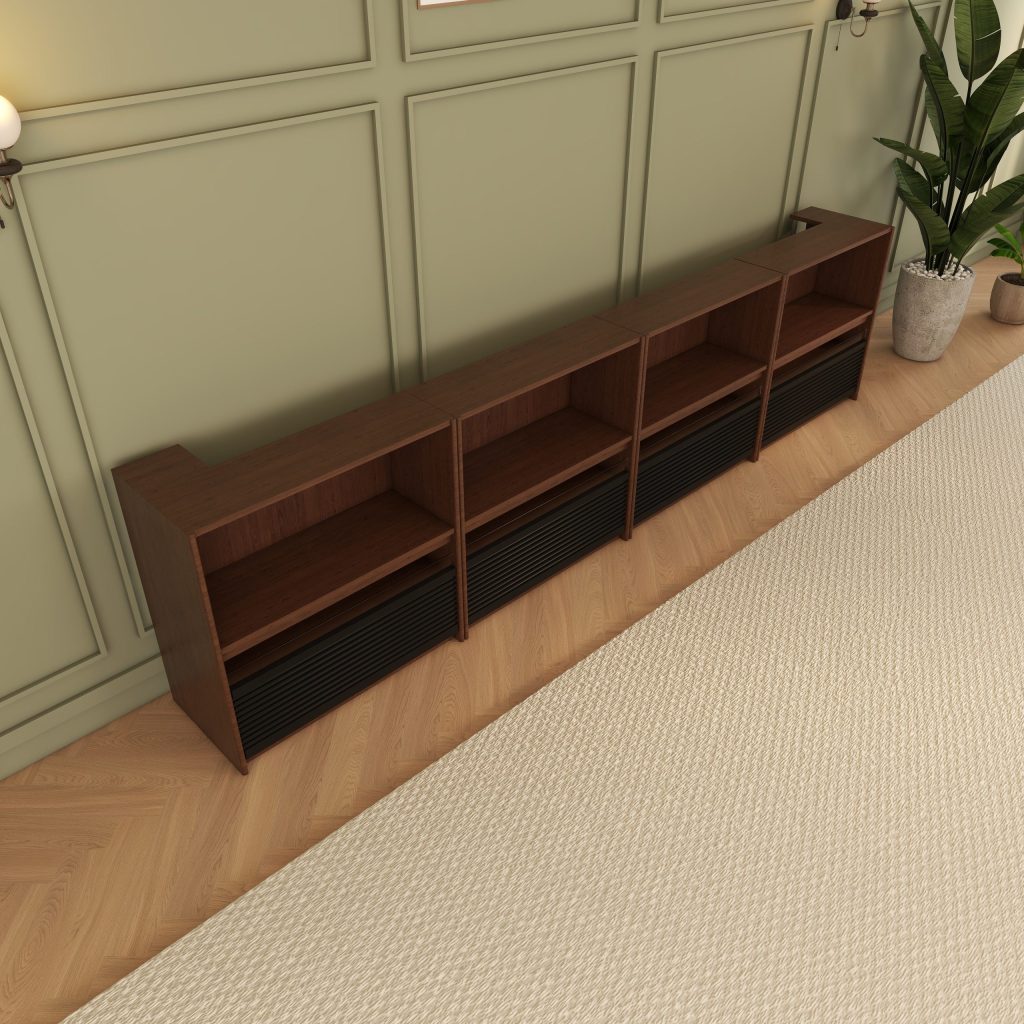 VIVIDSTORM Nexus Motorised Projector Screen Cabinet - angled view of the walnut cabinet