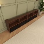 VIVIDSTORM Nexus Motorised Projector Screen Cabinet - angled view of the walnut cabinet