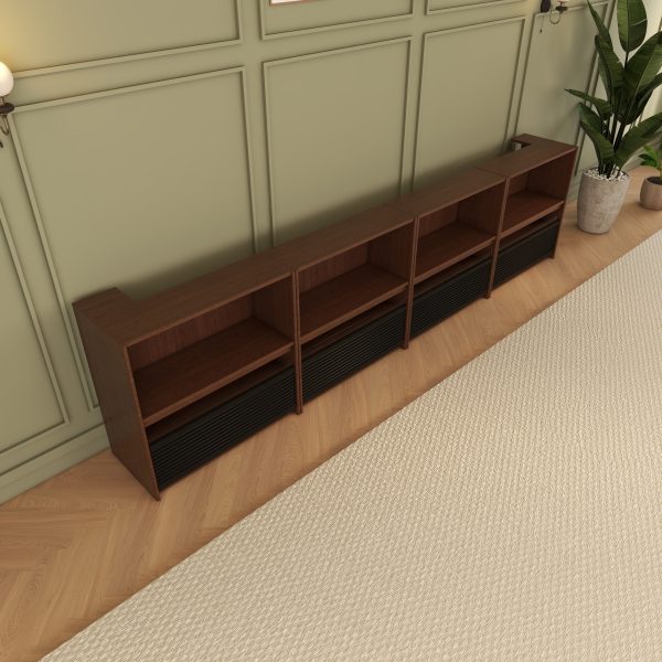 VIVIDSTORM Nexus Motorised Projector Screen Cabinet - angled view of the walnut cabinet