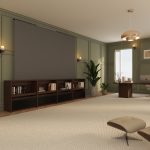 VIVIDSTORM Nexus Motorised Projector Screen Cabinet - screen raised in a living room